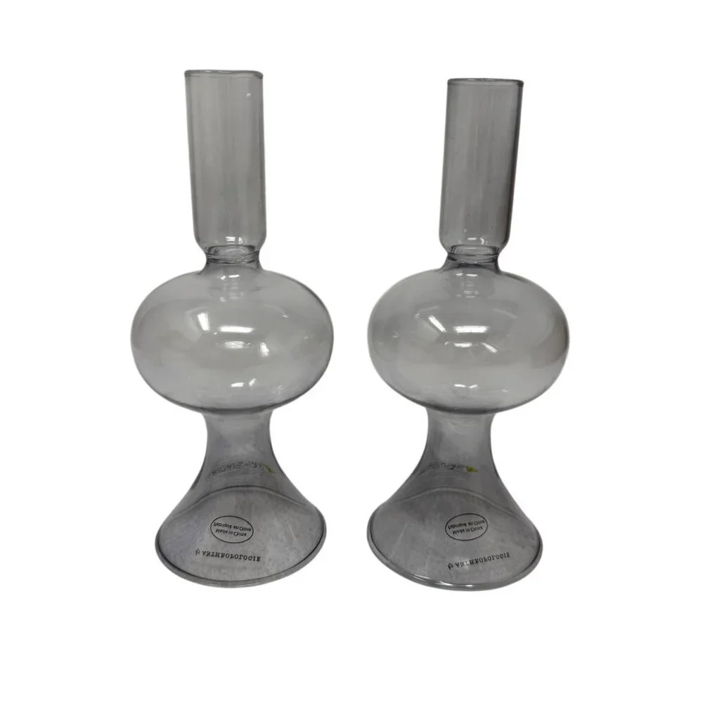 Anthropologie Delaney Glass Candlesticks Pair Lilac Taper Candle Table Decor